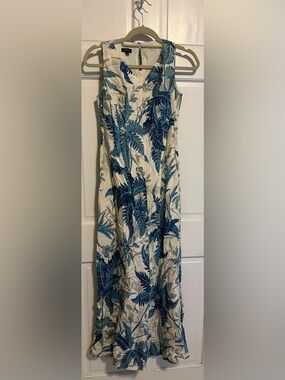 Talbots Sleeveless Blue Leaf Print Maxi Dress - Classic Summer Style